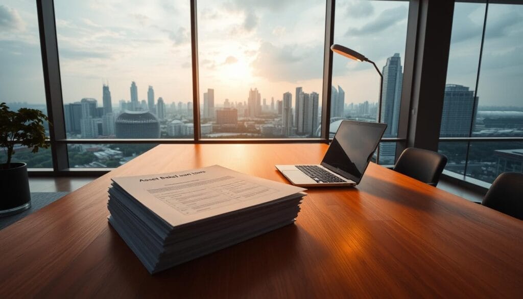 A modern office interior with a large wooden desk, a laptop, and a stack of documents representing asset-backed loans. The desk is illuminated by a warm, soft light from a sleek lamp, casting a cozy and professional atmosphere. In the background, a panoramic window overlooks the bustling city skyline of Singapore, with skyscrapers and lush greenery. The overall scene conveys a sense of financial stability, opportunity, and the potential for leveraging one's assets through carefully structured loans. A modern office interior with a large wooden desk, a laptop, and a stack of documents representing asset-backed loans. The desk is illuminated by a warm, soft light from a sleek lamp, casting a cozy and professional atmosphere. In the background, a panoramic window overlooks the bustling city skyline of Singapore, with skyscrapers and lush greenery. The overall scene conveys a sense of financial stability, opportunity, and the potential for leveraging one's assets through carefully structured loans.
