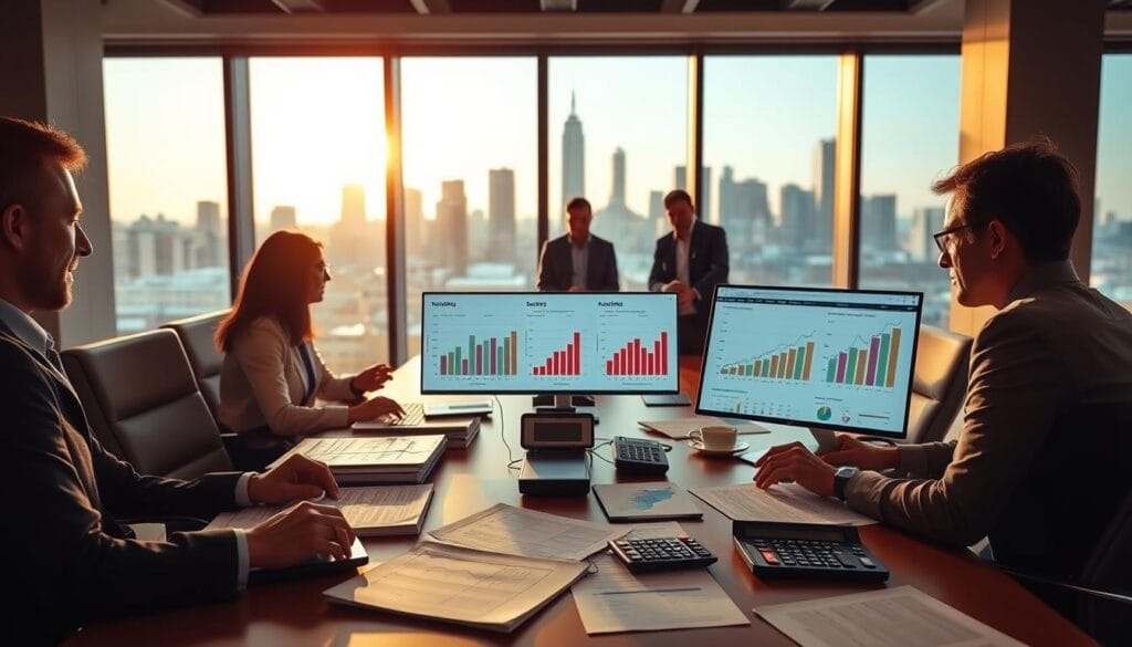 A well-lit conference room with a large table and chairs. In the foreground, various financial documents, calculators, and a laptop display charts and graphs illustrating different asset valuation methods. In the middle ground, a group of business professionals intently studying the materials. The background is a city skyline visible through floor-to-ceiling windows, casting a warm glow across the scene. The mood is one of focused analysis and strategic decision-making. A well-lit conference room with a large table and chairs. In the foreground, various financial documents, calculators, and a laptop display charts and graphs illustrating different asset valuation methods. In the middle ground, a group of business professionals intently studying the materials. The background is a city skyline visible through floor-to-ceiling windows, casting a warm glow across the scene. The mood is one of focused analysis and strategic decision-making.